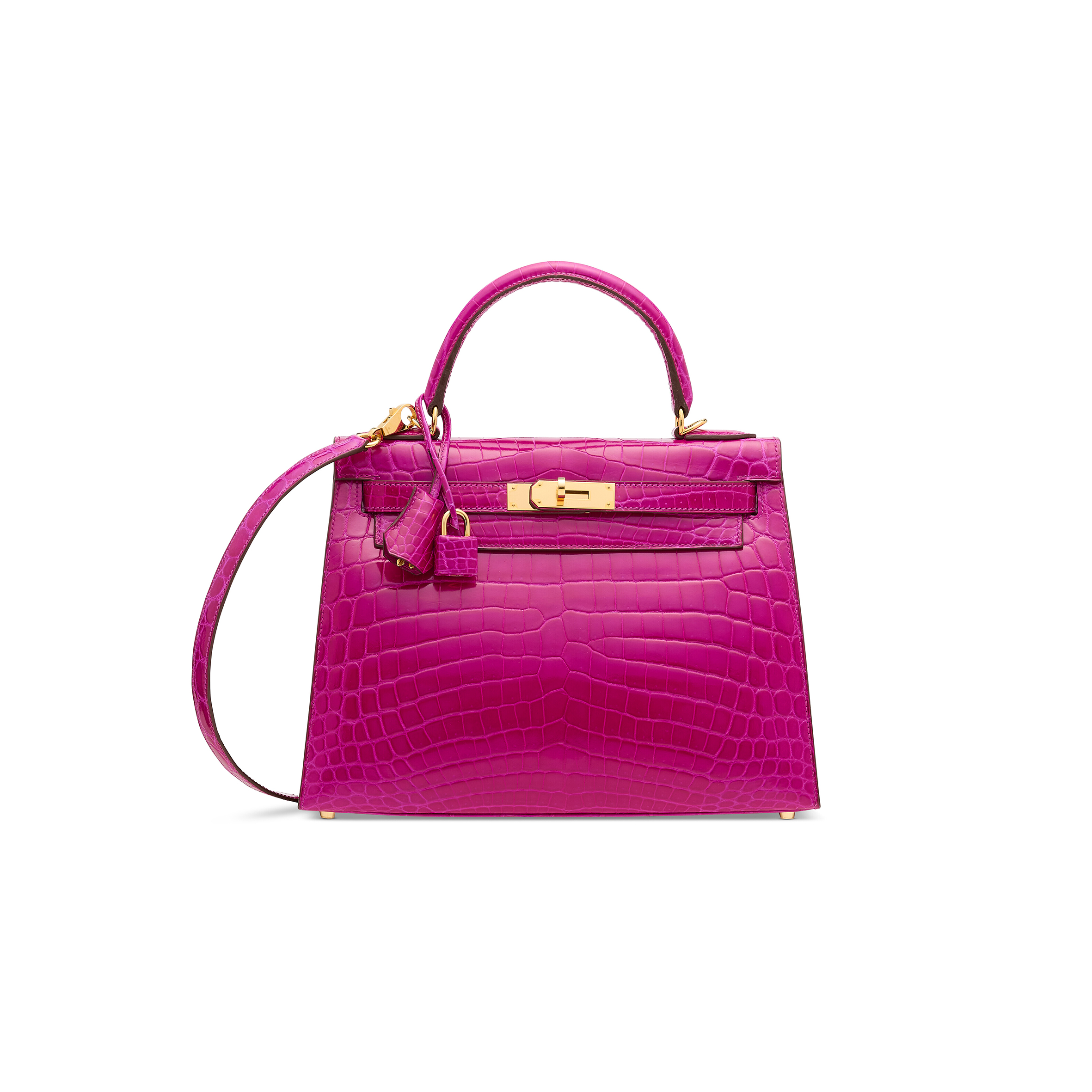 H**mes master a shiny rose schÉhÉrazade niloticus crocodile sellier kelly 28 with gold hardware (28*22*10cm)